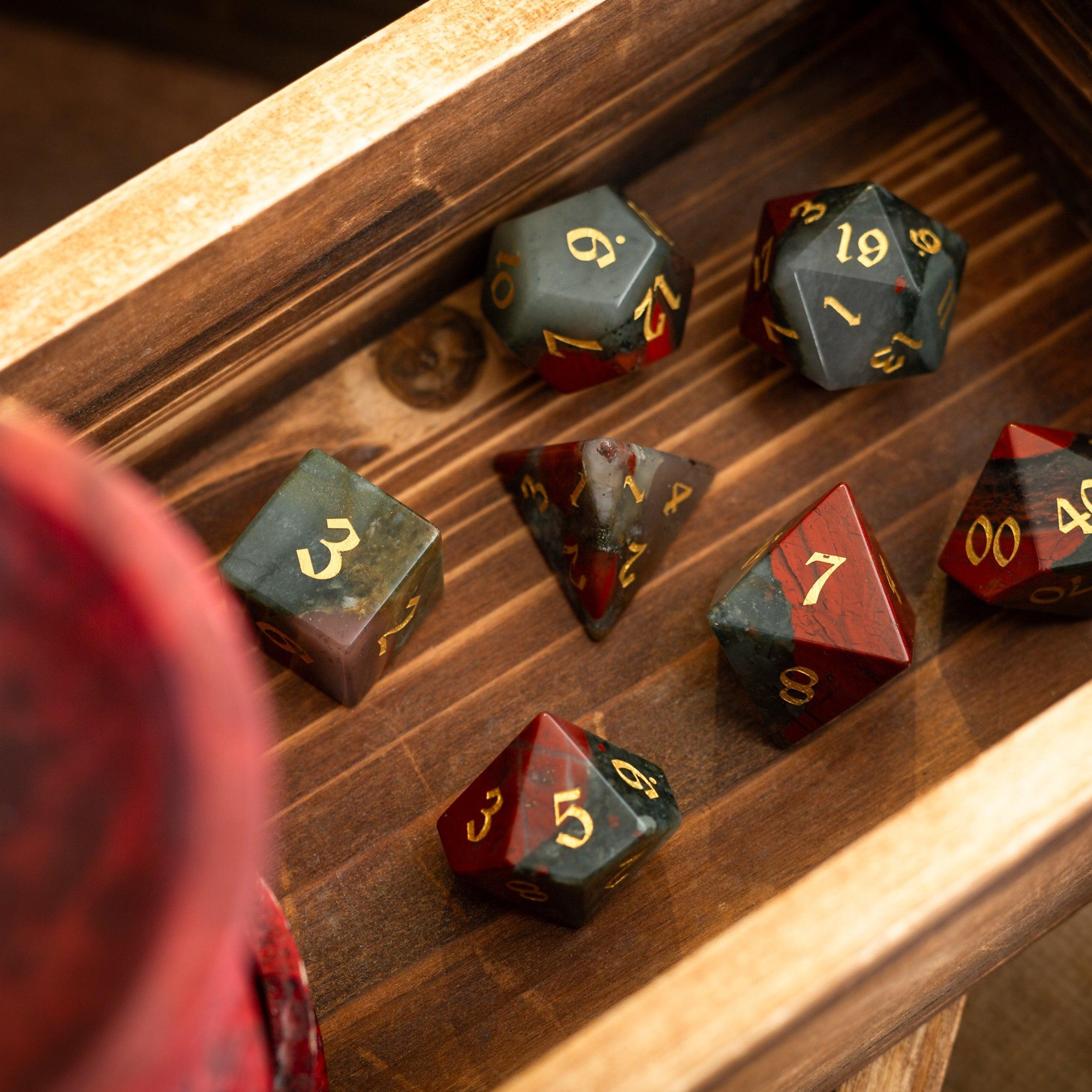 African Bloodstone Hand Carved Gemstone DND Dice Set