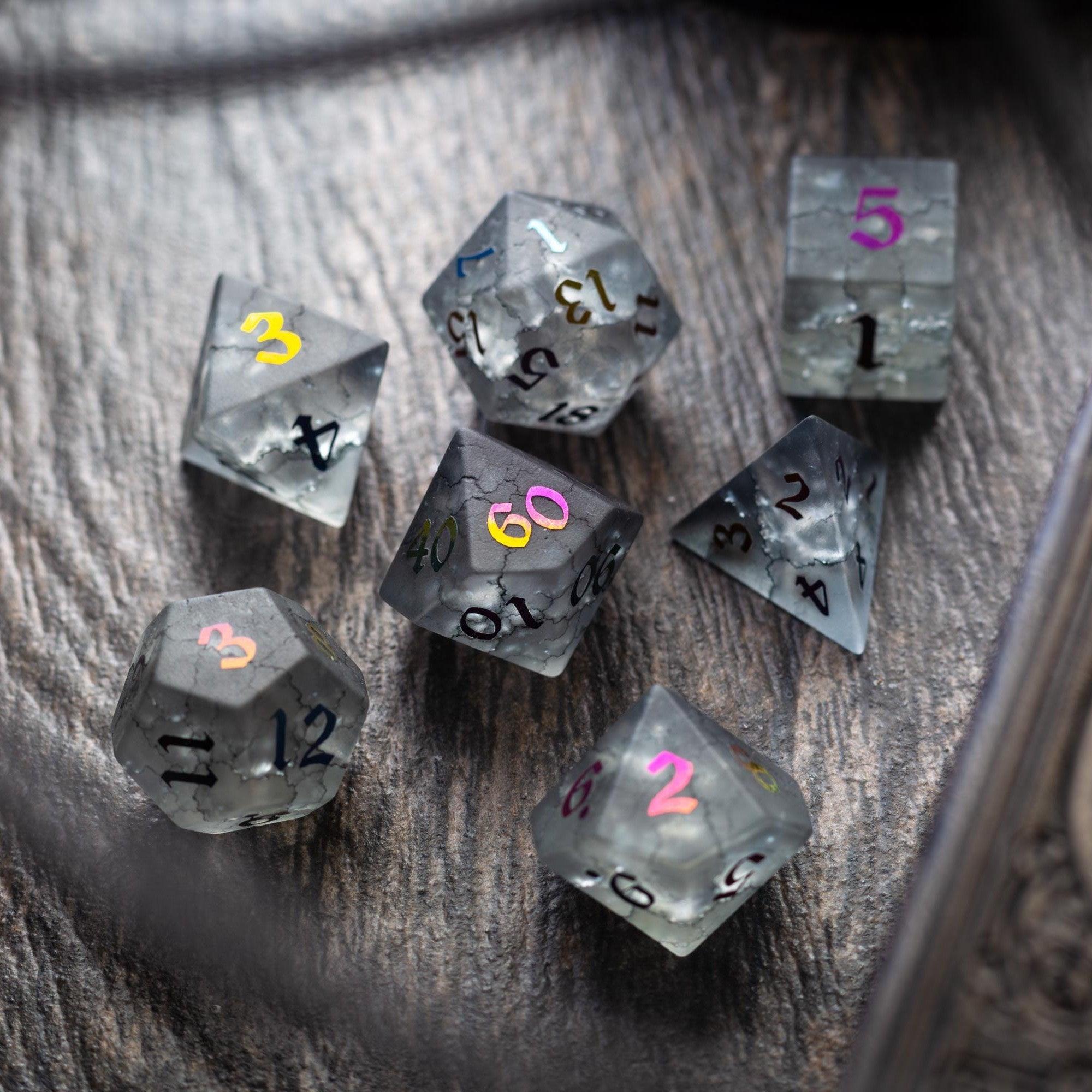 Black Inked Lightning Cracked Glass DND Dice Set