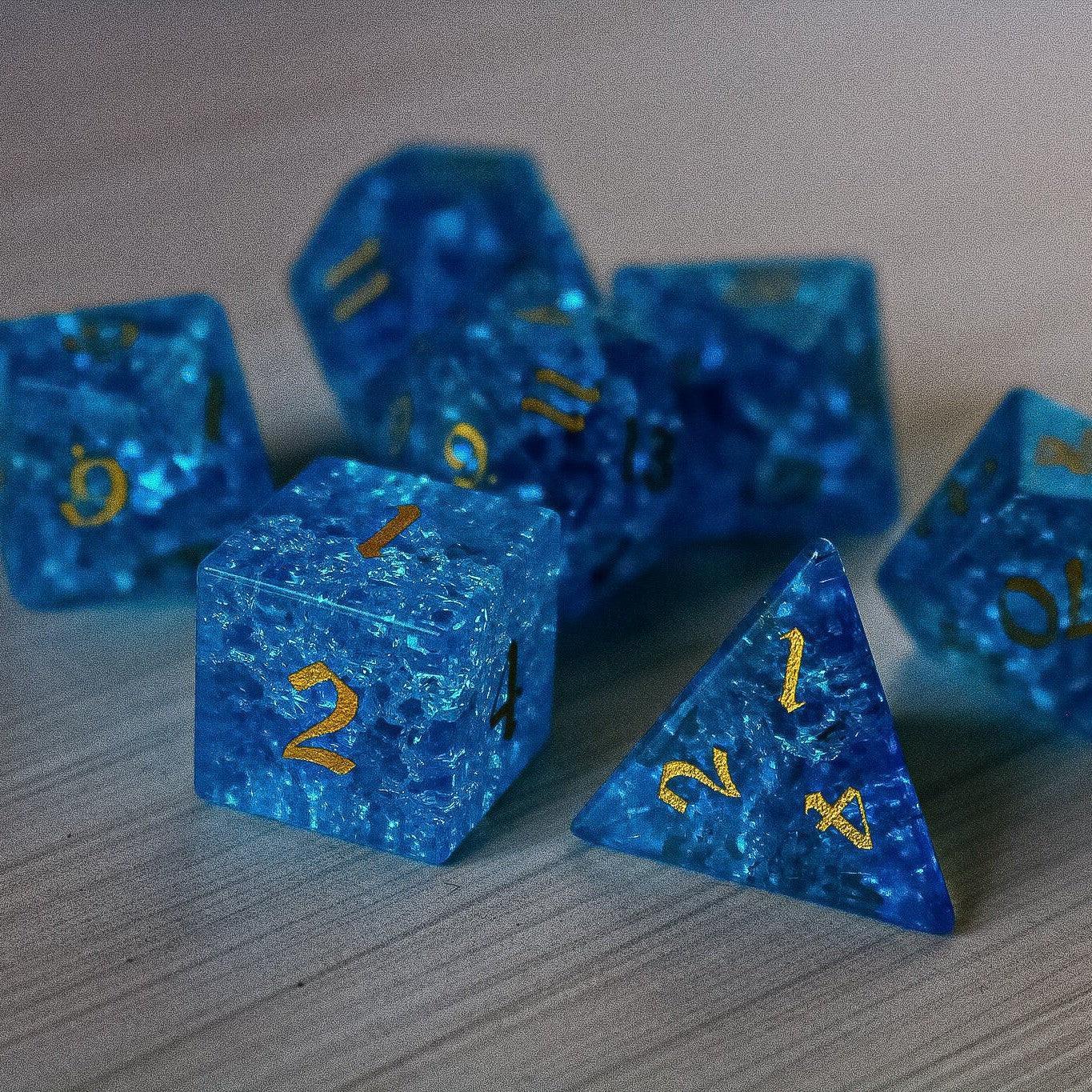Blue Lightning Glass Cracked Glass DND Dice Set