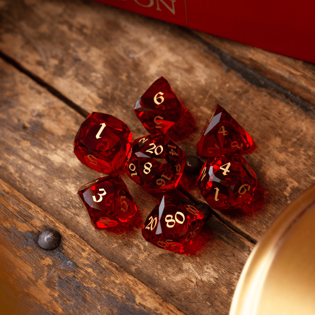 Dwarf Cut Red Gemstone Glass Premium DND Dice Set