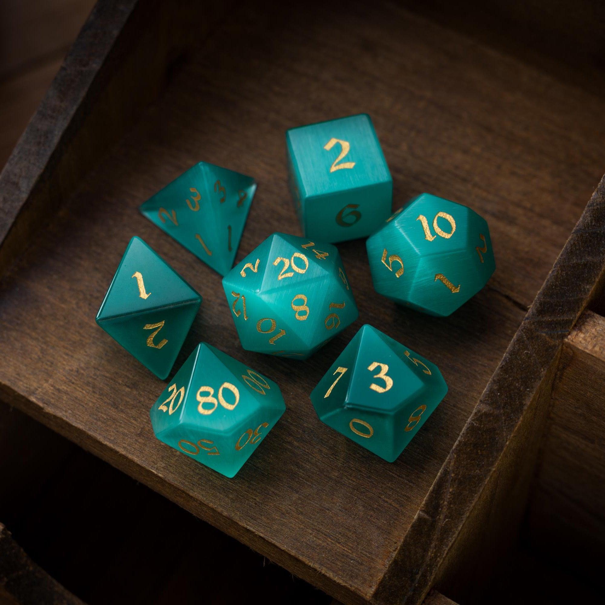 Gemstone Aquamarine Cats Eye Stone Hand Carved DND Dice Set