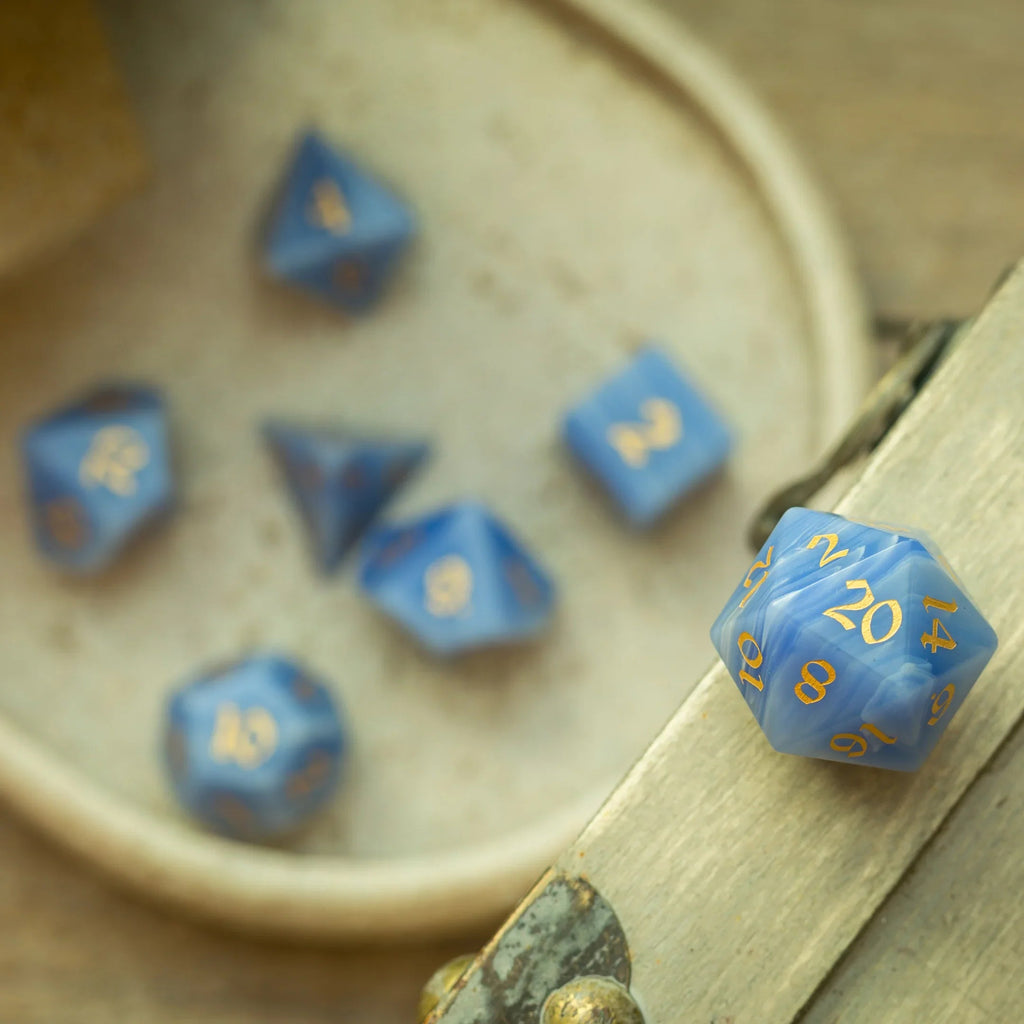 Gemstone Blue Lace Agate Eye Stone Hand Carved DND Dice Set