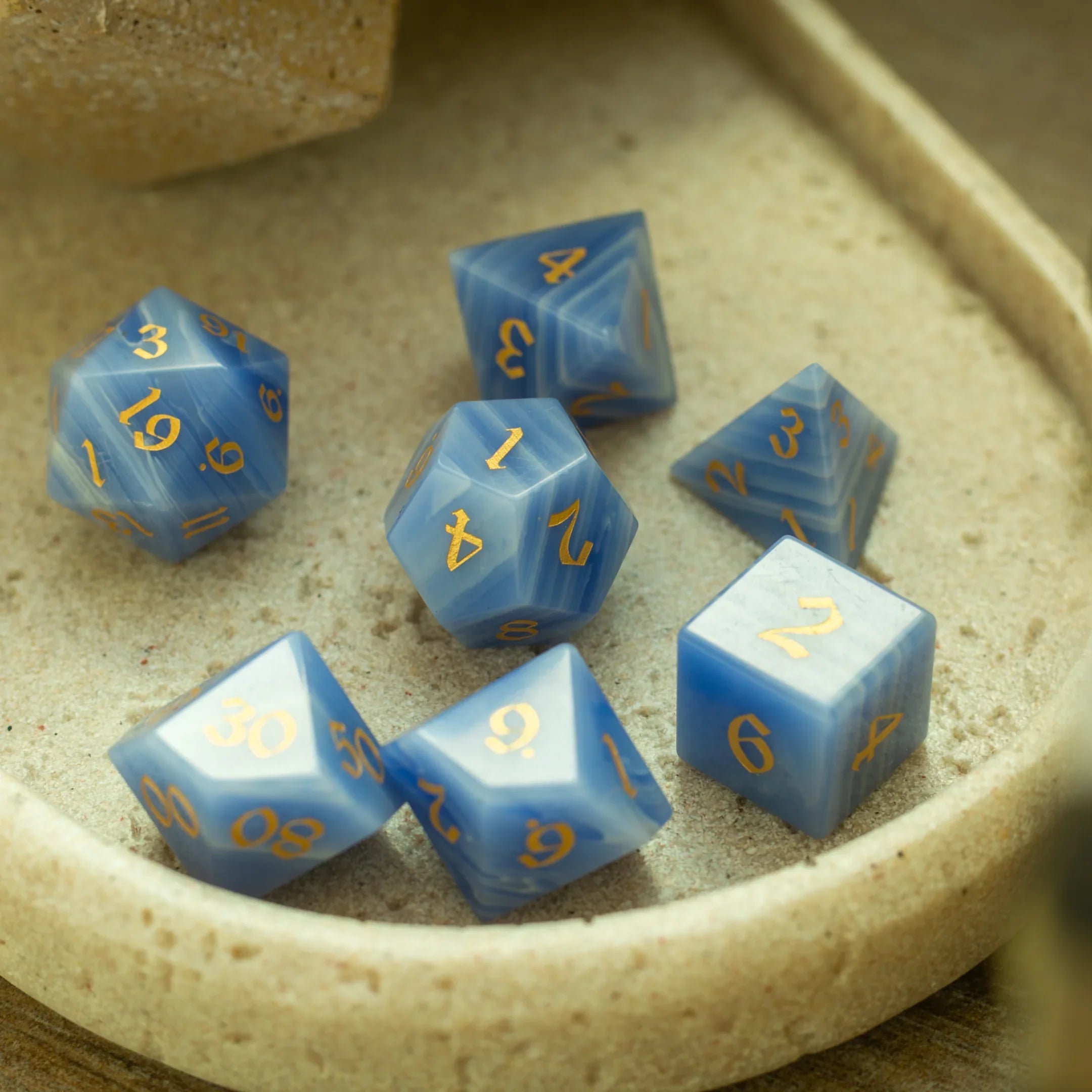 Gemstone Blue Lace Agate Eye Stone Hand Carved DND Dice Set
