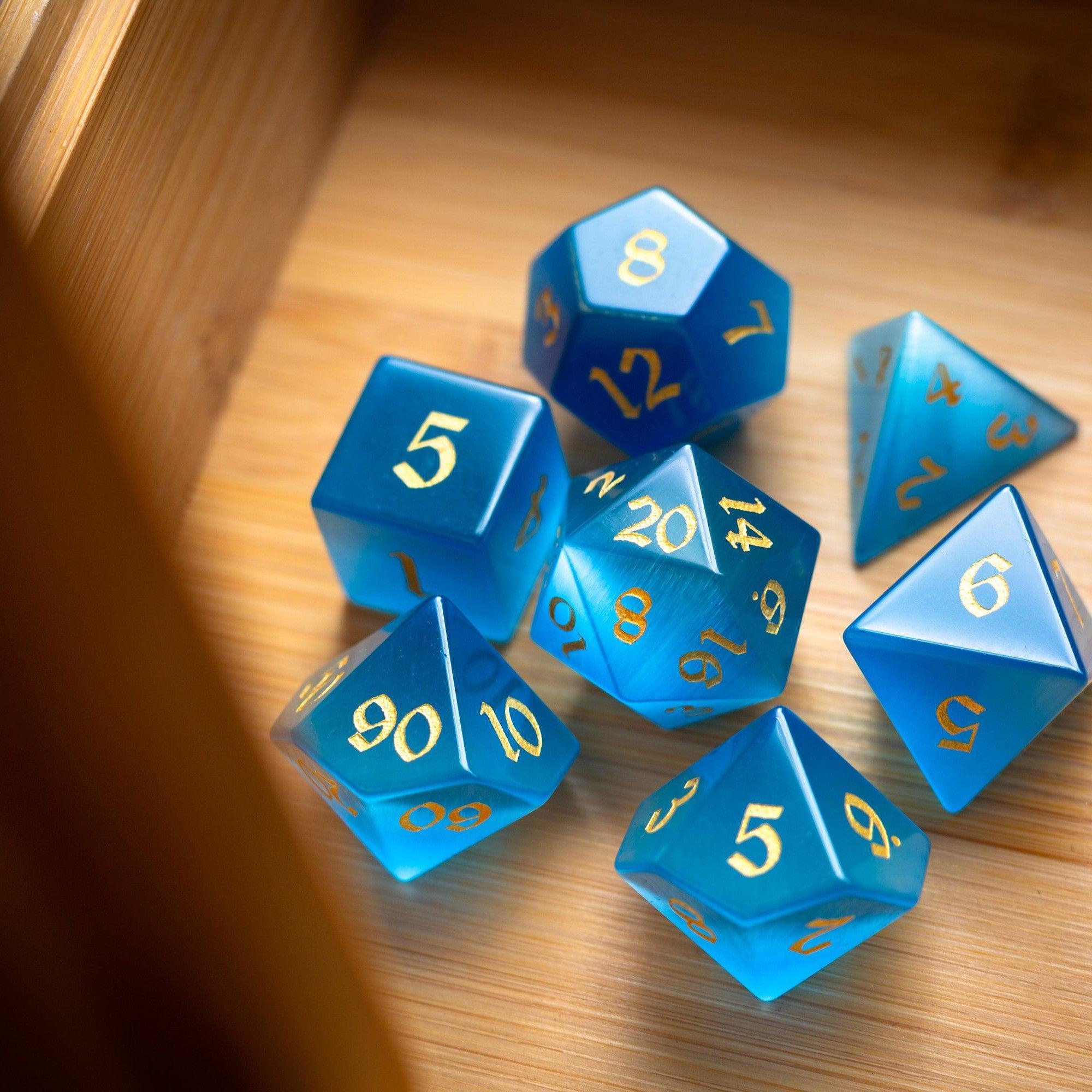 Gemstone Light Blue Cats Eye Stone Hand Carved DND Dice Set