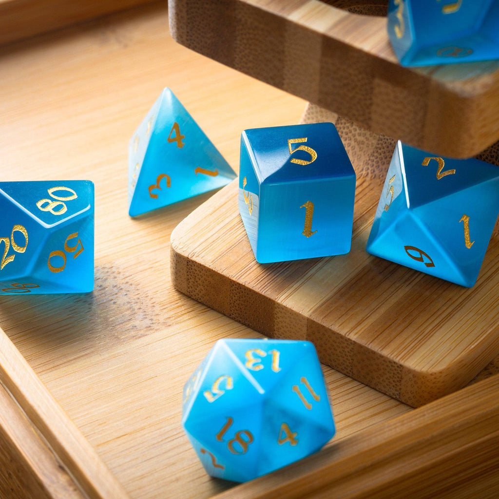 Gemstone Light Blue Cats Eye Stone Hand Carved DND Dice Set