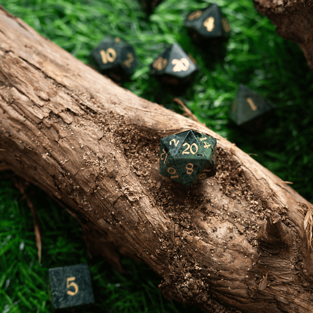 Green Eyed Hand Carved Gemstone DND Dice Set