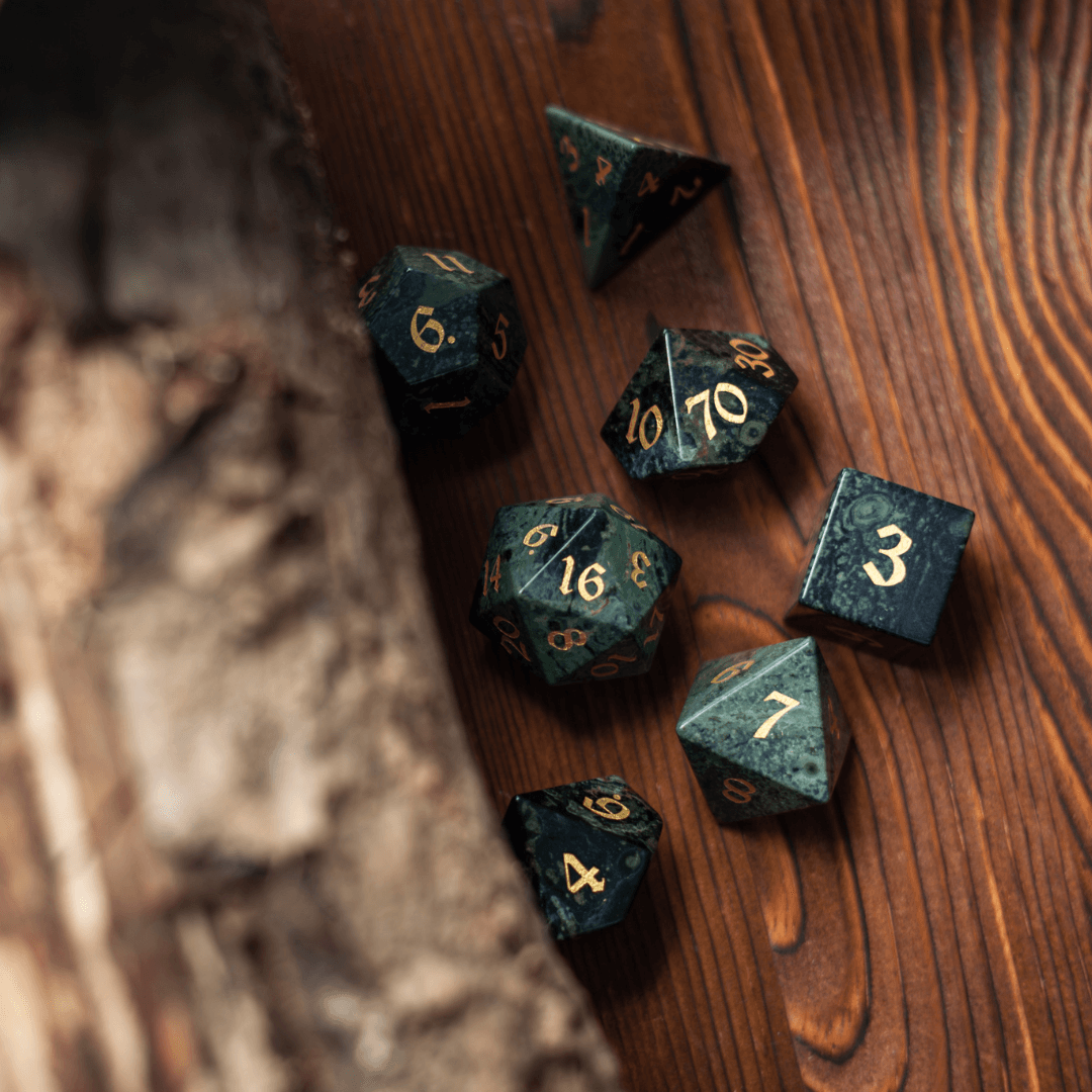 Green Eyed Hand Carved Gemstone DND Dice Set