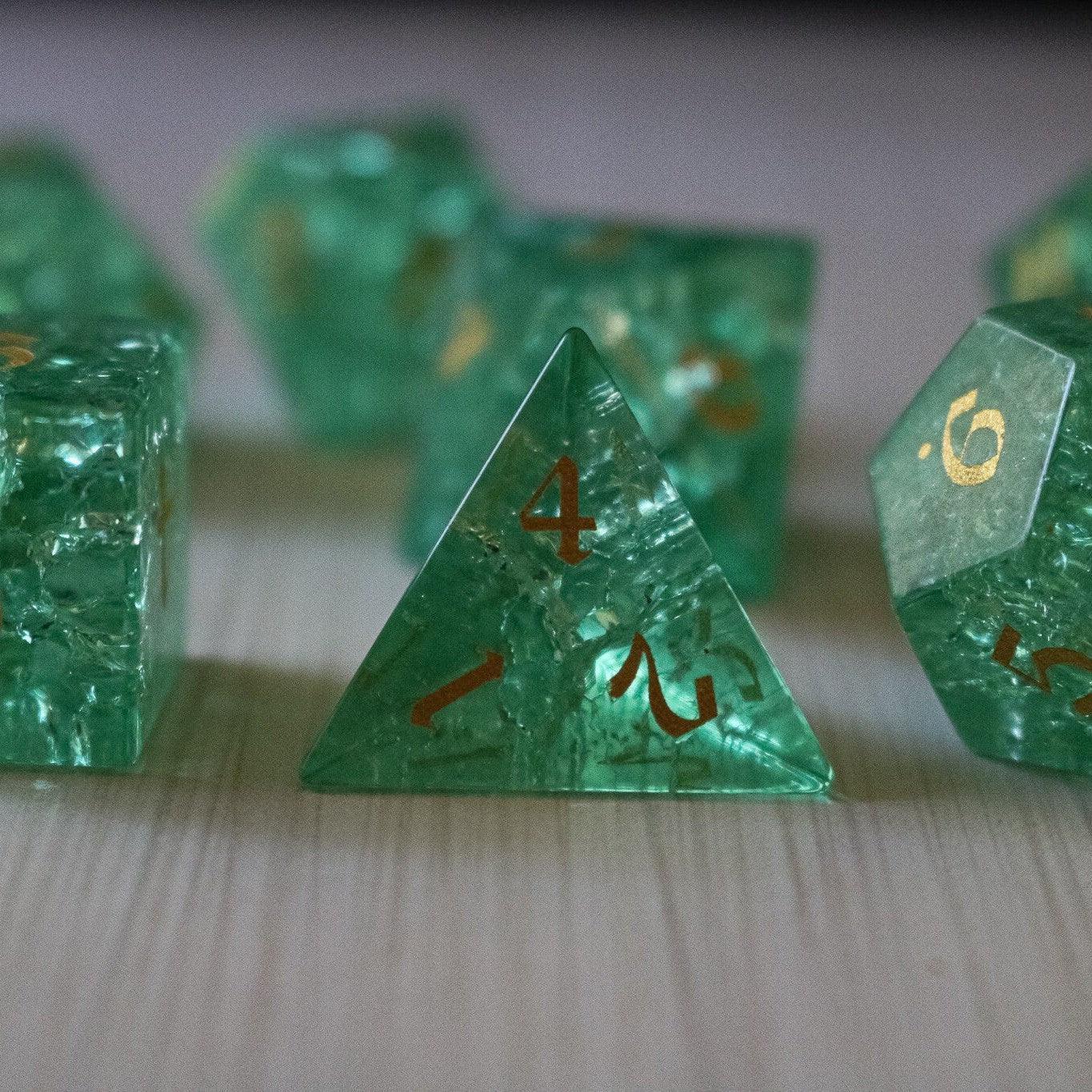 Green Lightning Cracked Glass DND Dice Set