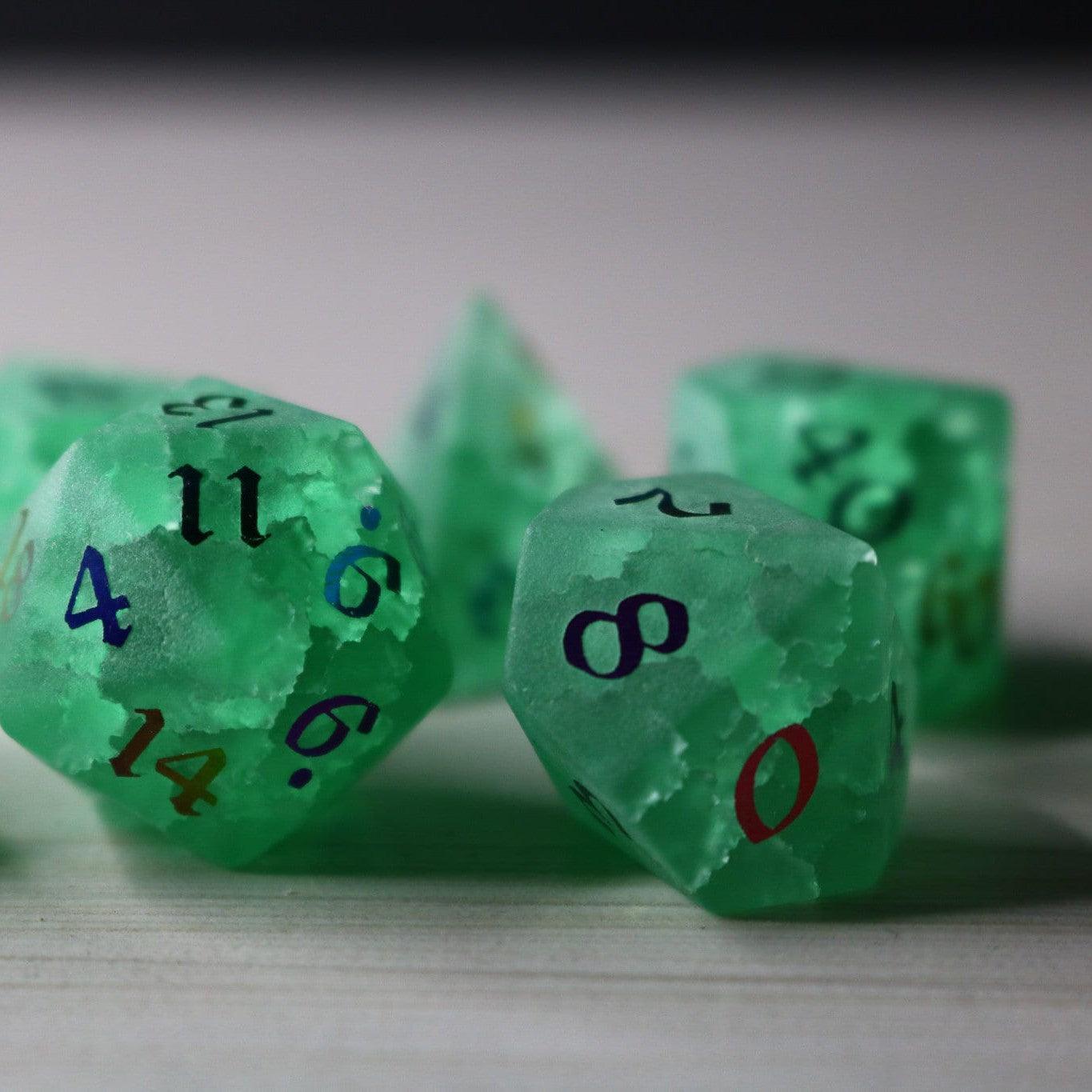 Green Mint Inked Lightning Cracked Glass DND Dice Set