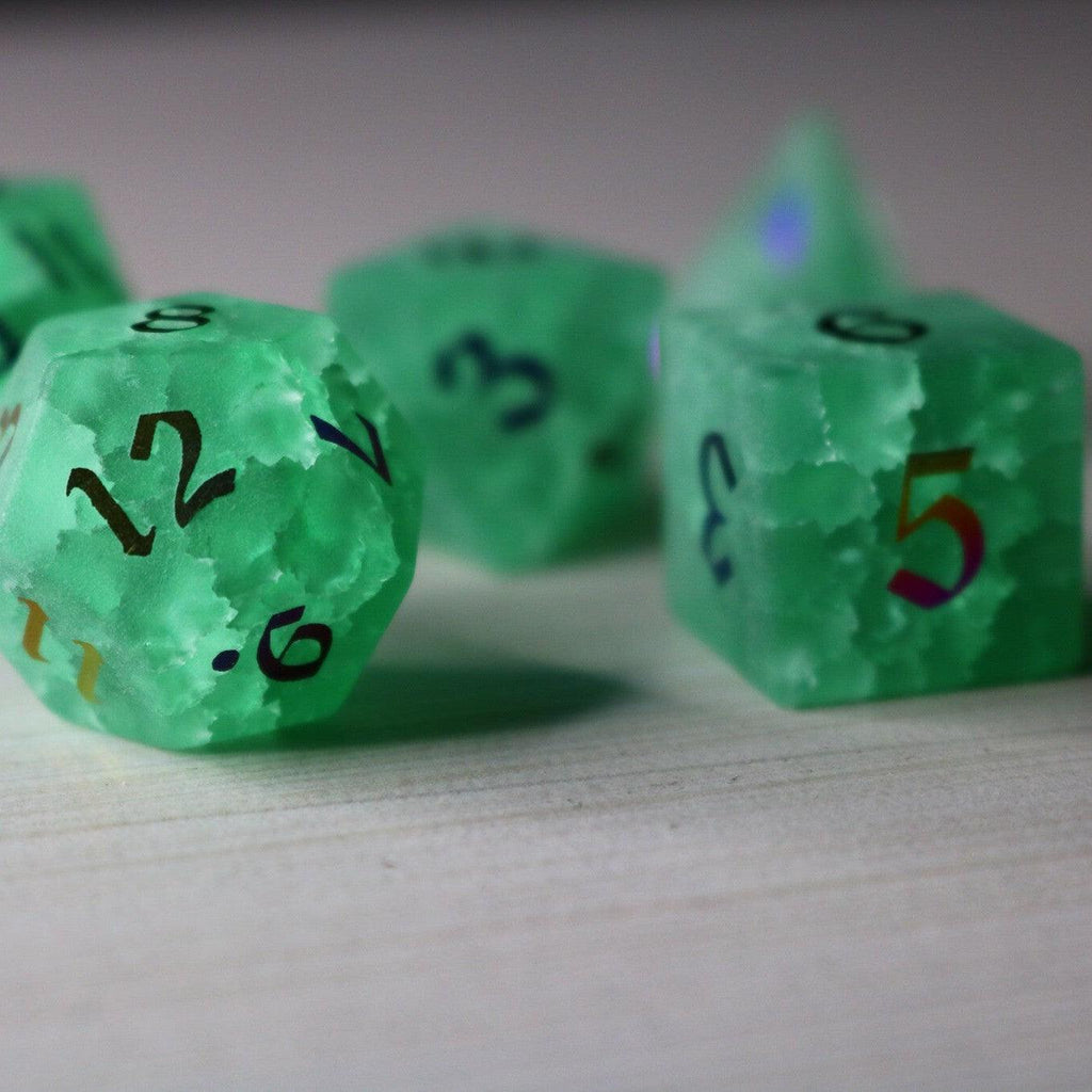 Green Mint Inked Lightning Cracked Glass DND Dice Set