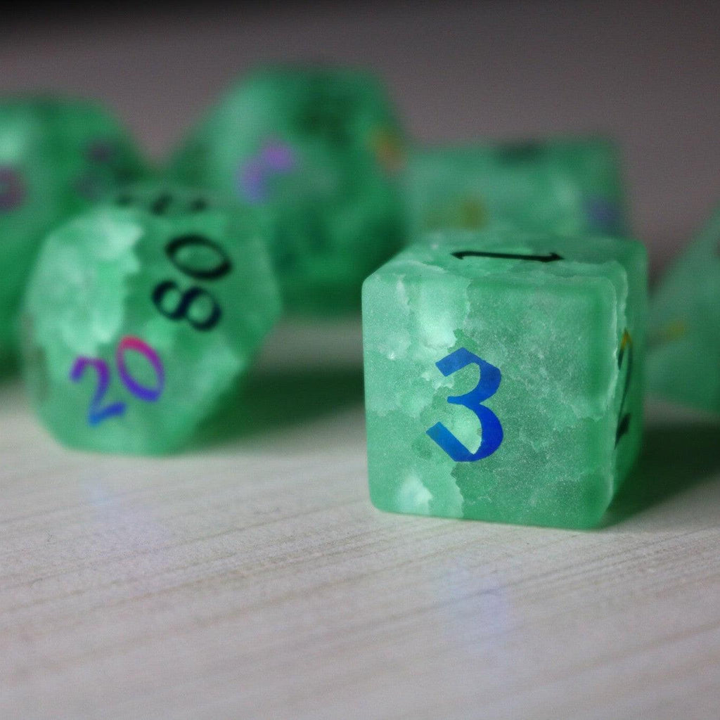 Green Mint Inked Lightning Cracked Glass DND Dice Set