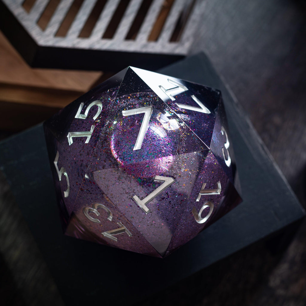 Massive Black Rainbow Glitter Liquid Core 95MM Chonk Handmade Resin Dice And Box