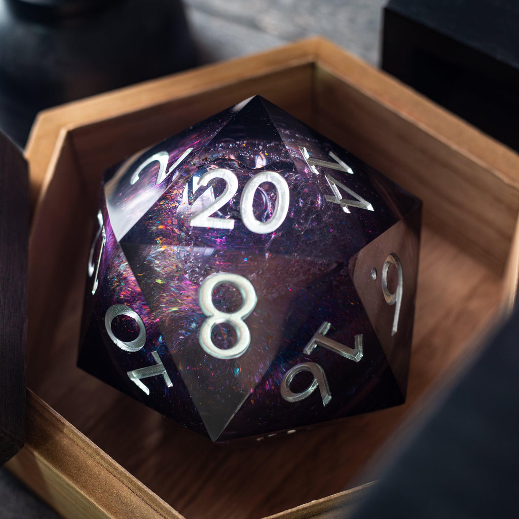 Massive Black Rainbow Glitter Liquid Core 95MM Chonk Handmade Resin Dice And Box