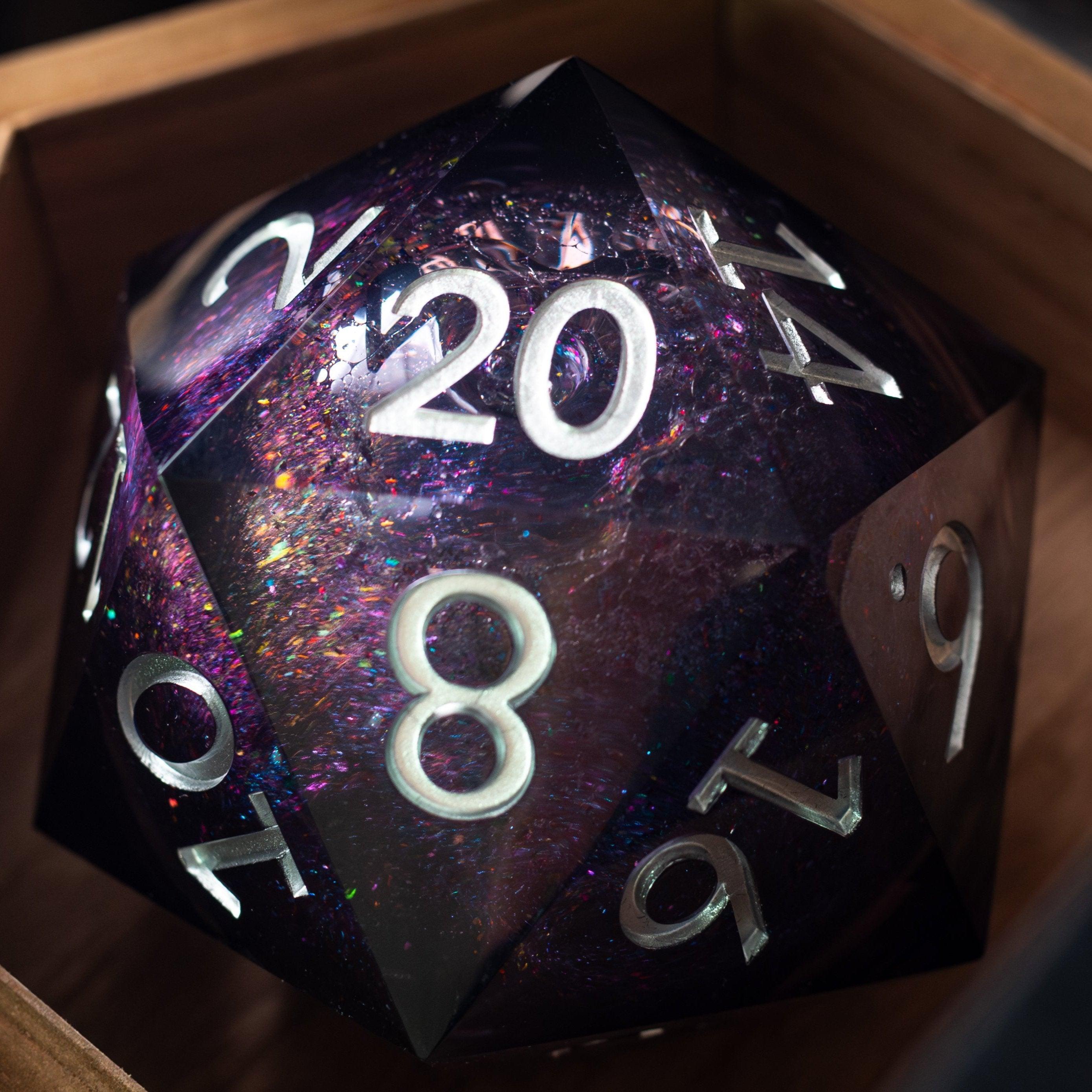 Massive Black Rainbow Glitter Liquid Core 95MM Chonk Handmade Resin Dice And Box