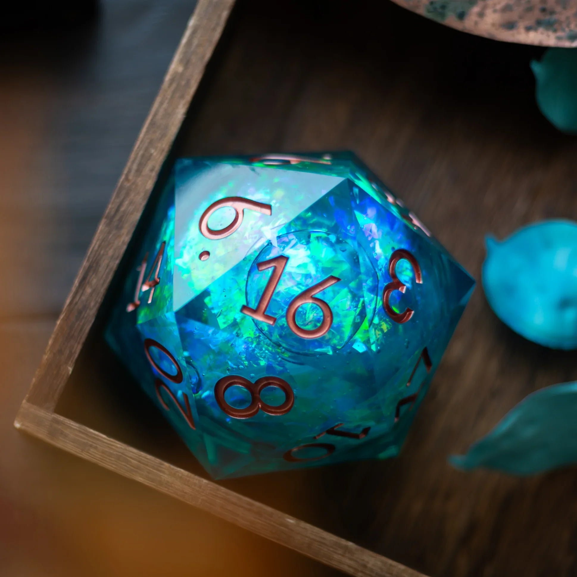 Massive Sea Green Teal Liquid Core 95MM Chonk Handmade Resin Dice And Box