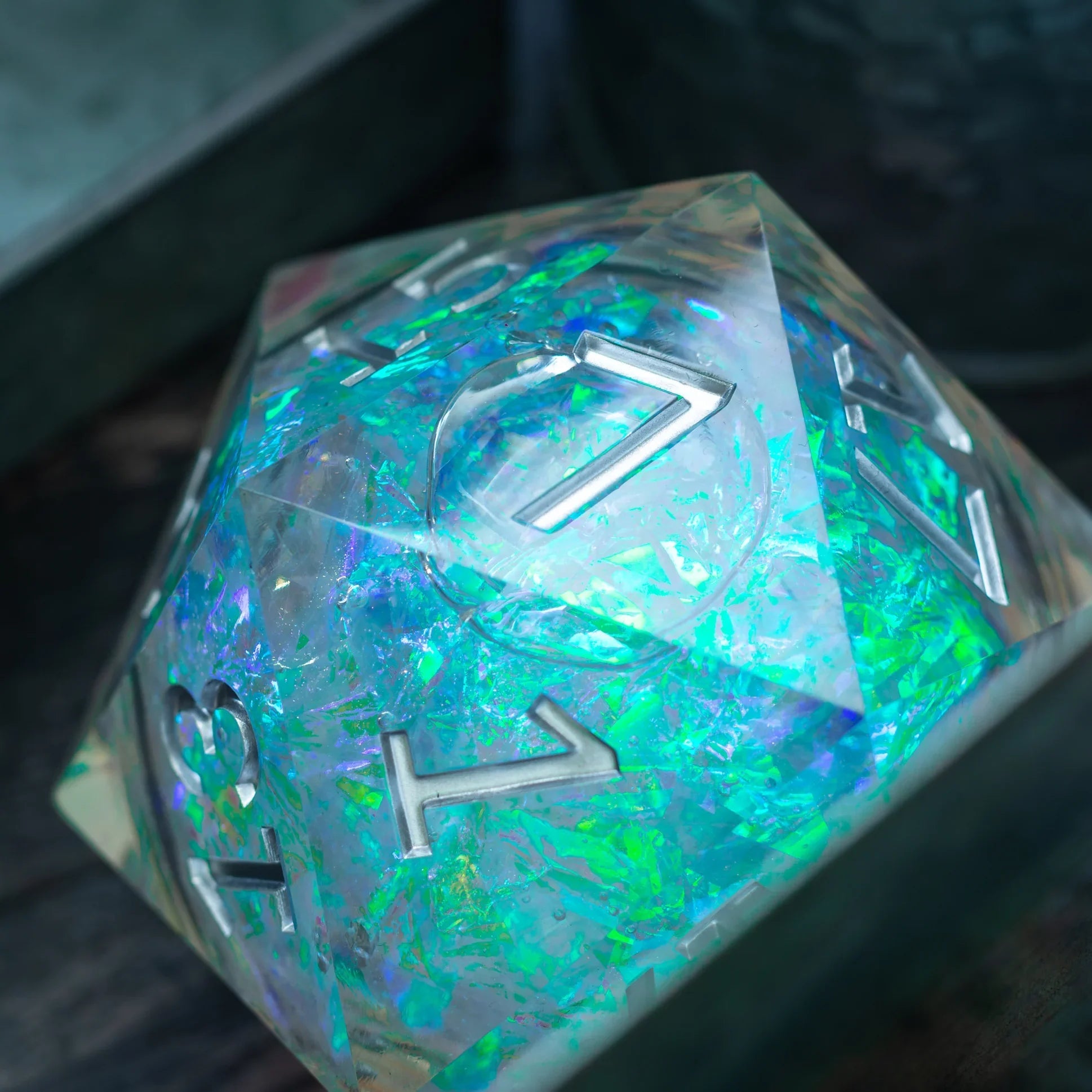 Massive Silver And Foil Liquid Core 95MM Chonk Handmade Resin Dice And Box