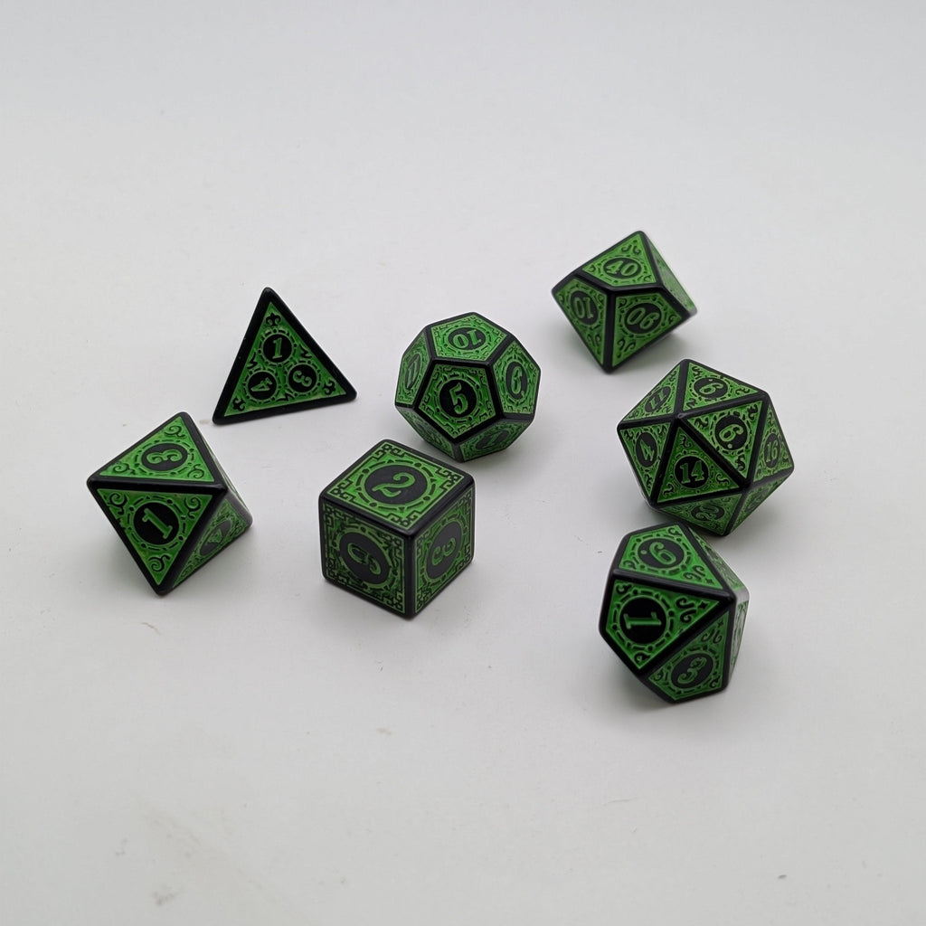 Magic Flame - Green - 7 Piece DnD Dice Set | Acrylic RPG Gaming Dice