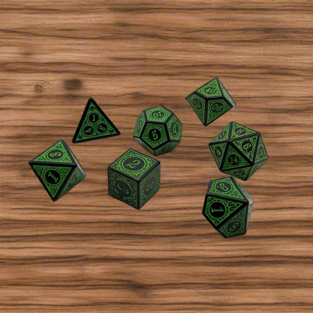 Magic Flame - Green - 7 Piece DnD Dice Set | Acrylic RPG Gaming Dice