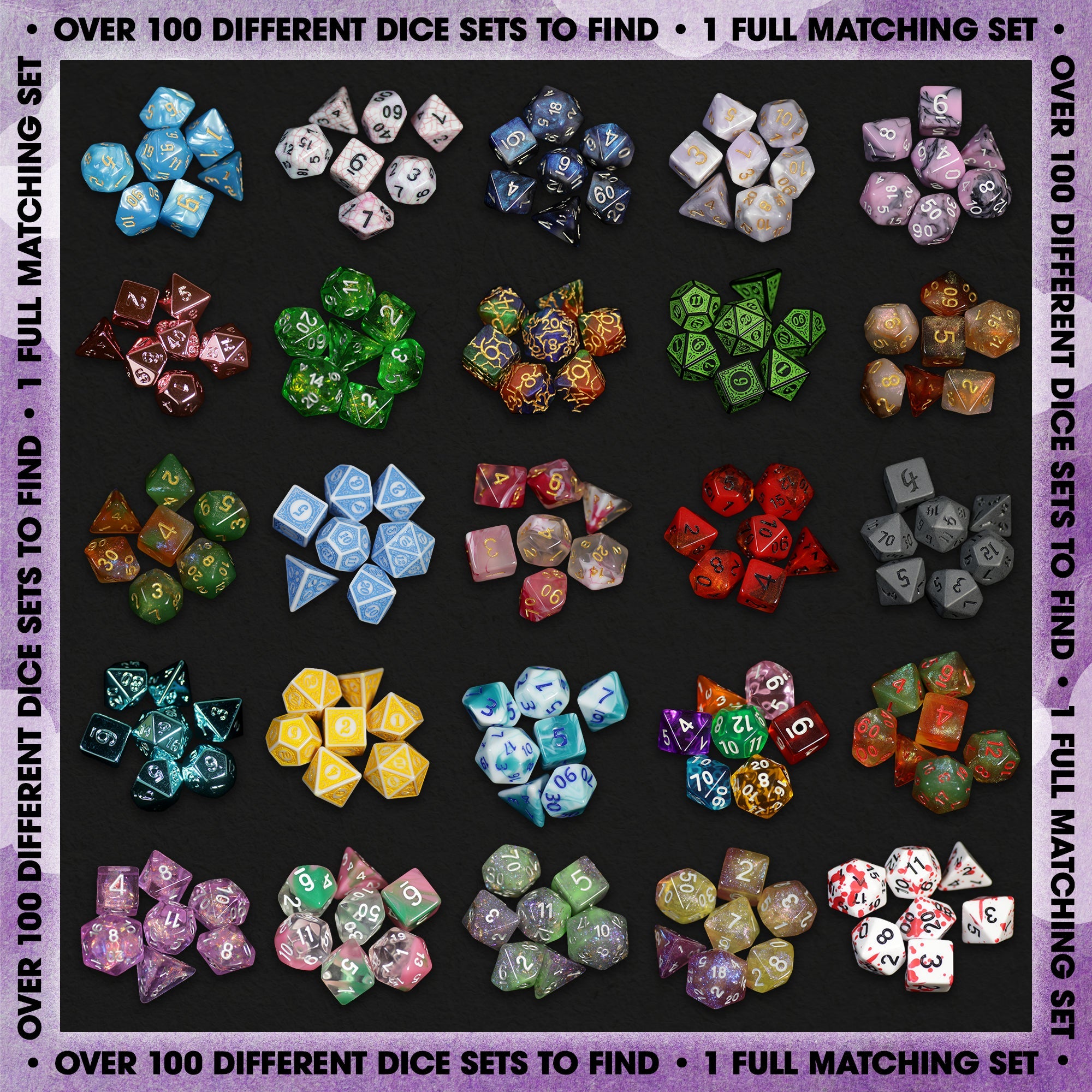 Premium Mystery Dice Set – 100's of different dice, stickers and pins! Handpacked in Portland, OR.