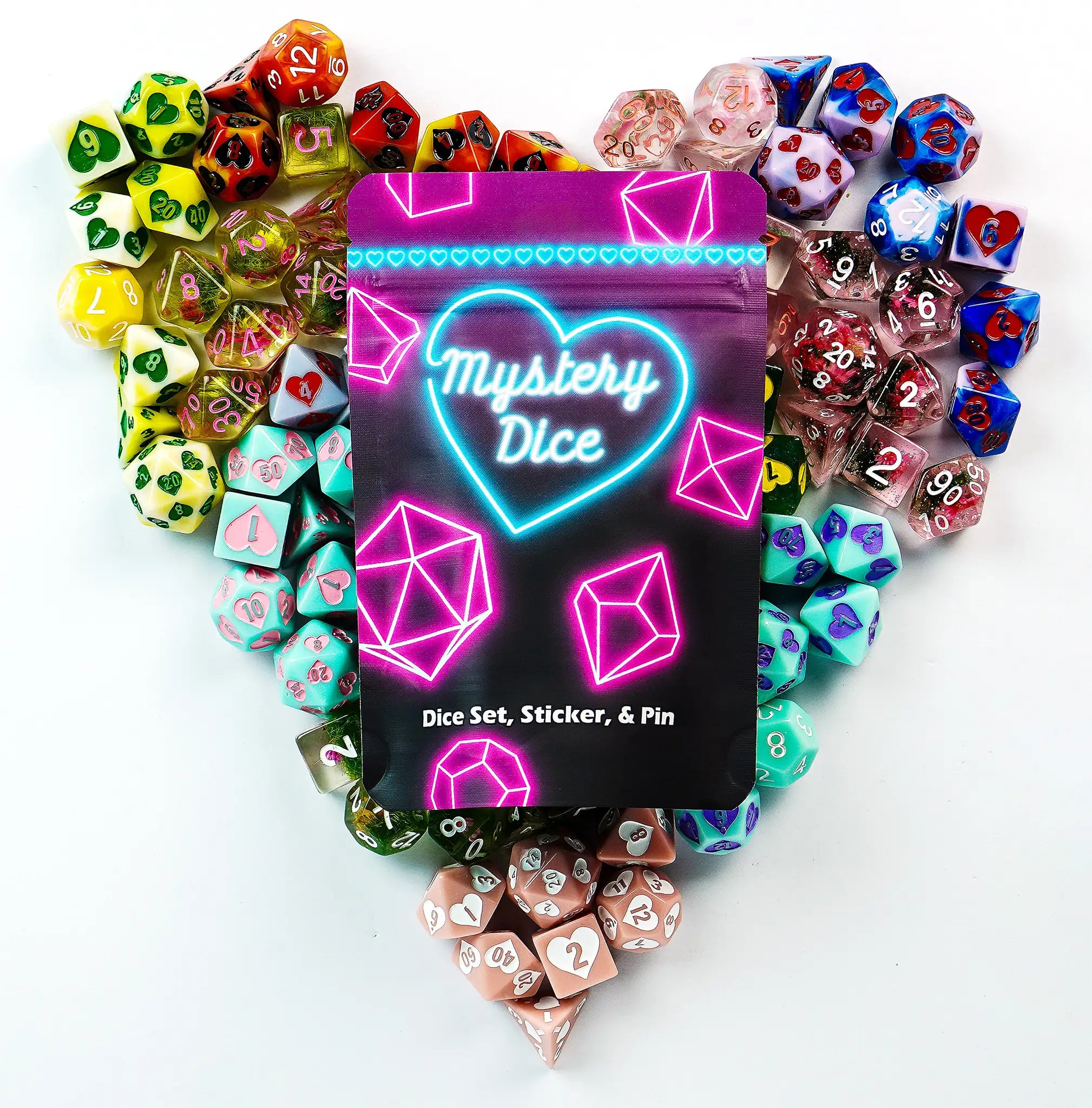 Sweetheart Mystery Dice – Hearts & Flowers dice, unique fun stickers and pins!
