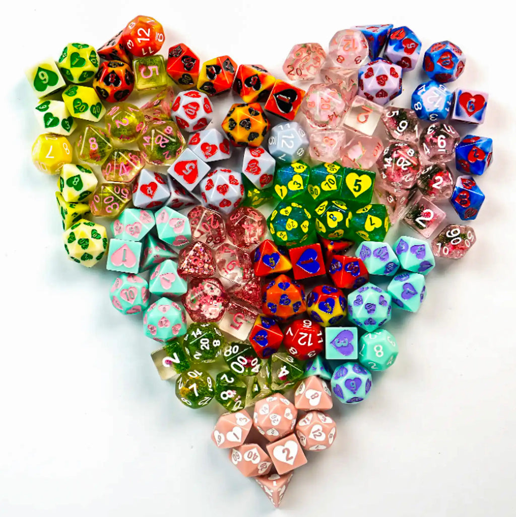 Sweetheart Mystery Dice – Hearts & Flowers dice, unique fun stickers and pins!